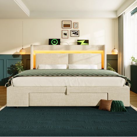 Cama dormitorio 180x200 con almacenaje LED USB beige HAVRYA (1/5)