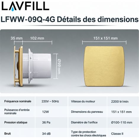 Extracteur d'air mural et fenêtre 4 pouces panneau aluminium doré LFWW-09Q-4G lfww-09q-4g 4 doré 16 × 14,5 × 17 cm 800 g – Livraison gratuite