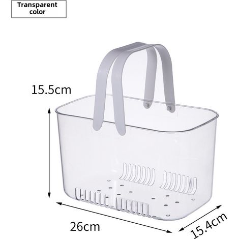 Cesta de almacenamiento para baño de plástico grueso, cuadrada, elevada y de gran capacidad, con orificio de drenaje para los residuos (color transparente). (1/5)