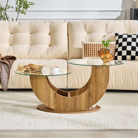 Table basse contemporaine, 2 plateaux en verre trempé, structure MDF avec rangement, pour salon, couleur bois naturel (1/5)