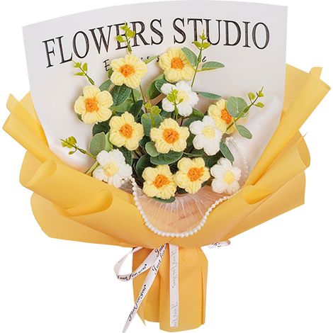 Bouquet de marguerites tricoté à la main (12 marguerites jaunes, produit fini, sac cadeau inclus) (1/3)