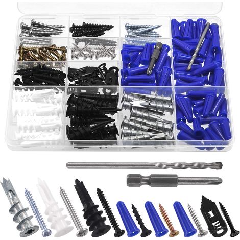 Assortiment de 192 pièces d'ancrage auto-perceuses pour cloison sèche en plastique et métal et kit de vis pour murs en ciment, murs creux, murs en bois et murs en brique (1/5)
