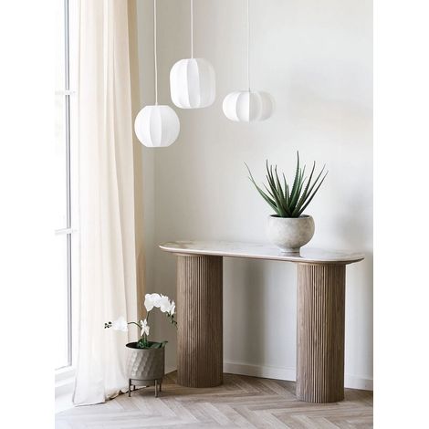 Azura Home Design – Console Athens 40x120x78 cm – Plateau en céramique effet marbre blanc – Pieds cylindriques en bois texturé – Design contemporain (1/5)