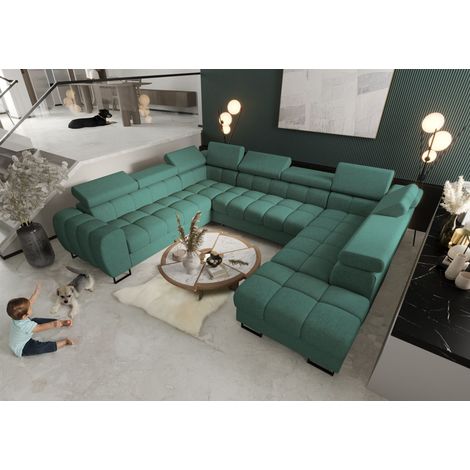 Wohnlandschaft Schlafsofa BASTIEN XL in Stoff Moly Grün Ottomane Rechts