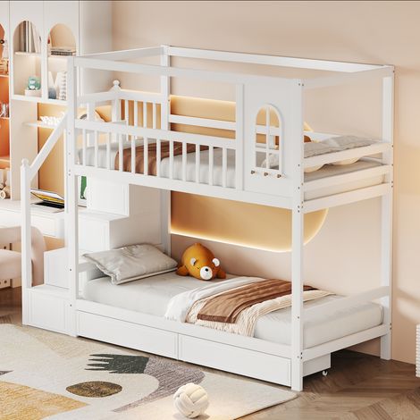 Lit superposé enfant 90x200cm, bois massif, forme maison avec fenêtres, garde-corps sécurité, tiroirs de rangement et échelle sécurisée, lit garçon fille adolescent, blanc (1/5)