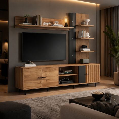 Mobile TV 187,5 x 40 x 167 cm con 3 mobili e ripiani aperti, legno e nero HAVRYA (1/5)