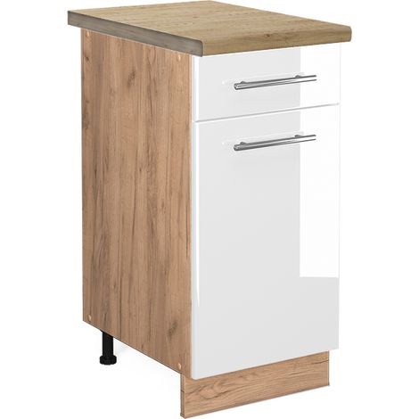 Mueble bajo de cocina Fame-Line, Blanco alto brillo, 40 cm , ET Roble, Vicco