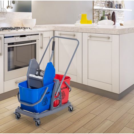 Reinigungswagen mit 2 Eimern, Auswringer und 4 Rollen, Metall/PP, blau/rot OKMYHOME (1/5)