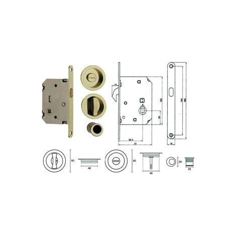 Serrure à mortaiser pour portes coulissantes ronde or poli - façade 50 mm avec gâche dorée brillante. (E0262N51)