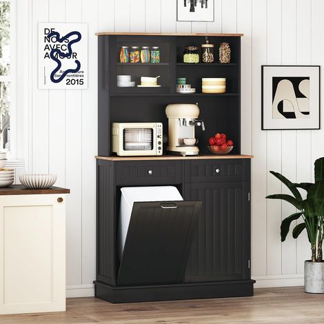 COSTWAY Credenza Alta per Cucina Porta Bidone della Spazzaturi, Mobile Cucina Dispensa con 2 Cassetti, Ante e 2 Ripiani Regolabili, Armadio Cucina in Legno di Gomma, 100 x 34 x 172 cm, Bianco (Nero) (1/5)
