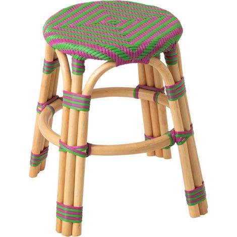 Tabouret en Rotin "Geo" 46cm Rose & Vert (1/5)