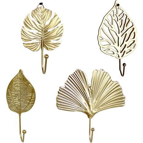 Doré Lot de 4 mini supports muraux en métal avec style feuille pour vêtements, sac à main, écharpe, clés (1/5)