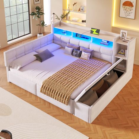 Lit banquette 140x190 cm avec LED USB Type C tiroirs étagères et rangements lit double en MDF velours tissu blanc (1/5)
