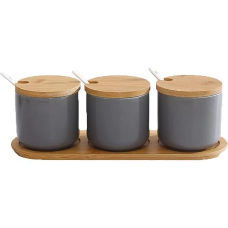 Lot de 3 - Pot à épices - Sucrier en céramique - Récipient hermétique avec cuillère et plateau bambou - Cuisine et table - Blanc - 260ml