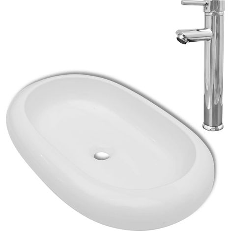 Lavabo de salle de bain avec mitigeur Céramique Ovale Blanc (1/5)