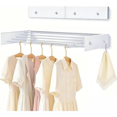 Clothes Airer, Wall Mounted Carbon Steel Clothes Airer, 60cm Extendable Washing Line with 4 Hooks, Load Capacity 25kg, Space Saving Towel Rack, Suitable for Balconies, Patios and (1/5)