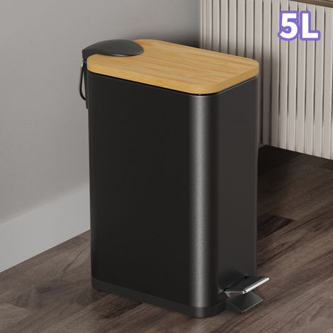 Poubelle rectangulaire slim 5 L à pédale, couvercle en bambou, fermeture silencieuse, design gain‑de‑place pour cuisine salle de bain (1/5)