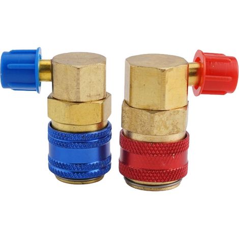R134A Quick Connector Adapter Coupler Set for Automotive A/C Manifold Gauge – Color-Coded Red & Blue 90-Degree Alloy Fittings with 14mm Male Flare, Compatible