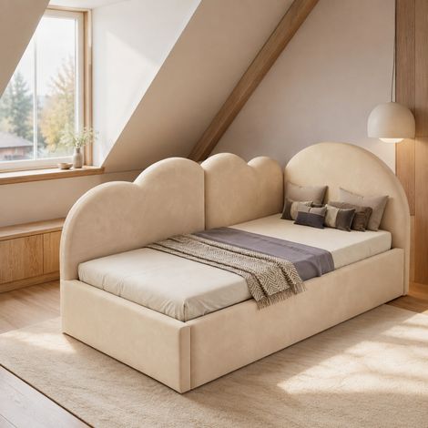 Cama-sofá en L 90 x 200 + 90 x 190 cm, cabecero en forma de nube, terciopelo beige OKMYHOME (1/5)