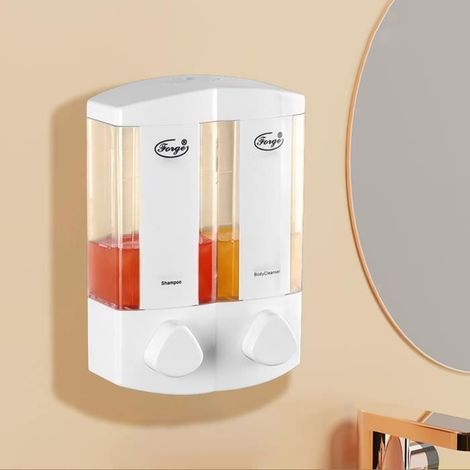 Distributeur de savon, Distributeur de Savon et Shampoing À Main Mural, 600ML, Double Tête, Pour salle de bain et toilette, Blanc (1/4)