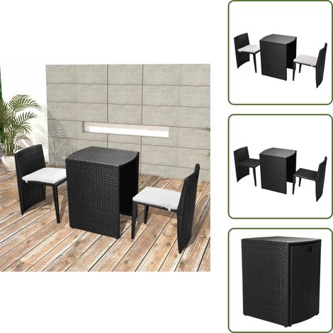 The Living Store Mesa y sillas bistró jardín 3 pzas y cojines poli ratán negro - Sillas de jardín