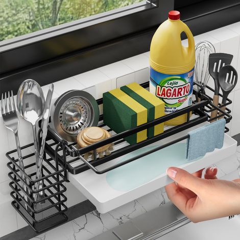 Organisateur d'évier de cuisine étroit avec bac d'égouttement et supports, mural sans perçage, autocollant pour accessoires de cuisine (1/5)