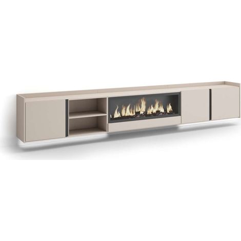 Mueble TV Atajate-02 de 315x50x35 cm con chimenea eléctrica y luces LED, suspendido, color beige (1/4)