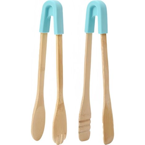 Lot de 2 pinces alimentaires en bambou pour pâtisserie pain grillé bacon et autres aliments avec deux formes ronde et carrée dimensions 30 x 4 cm couleur bleue (1/5)