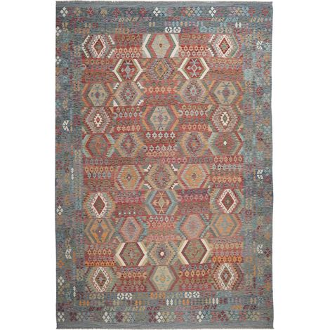 Tapis kilim 402 x 596 cm, motif ethnique, multicolore, bleu et rouge, en laine pure, tissé plat artisanal (1/5)