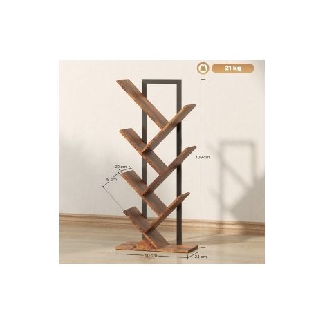 Bibliothèque étagère en forme d’arbre à 7 niveaux, cadre acier, brun rustique, 50 x 24 x 109 cm (1/5)
