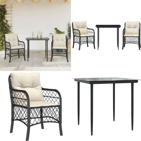 3-tlg. Bistro-Set mit Kissen Schwarz Poly Rattan - Bistro-Set - Rattanmöbel (1/5)