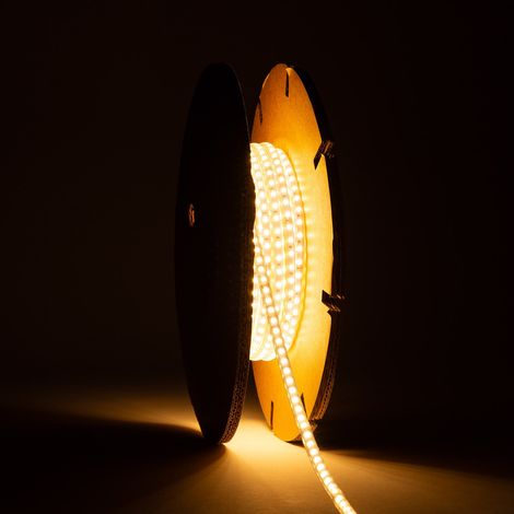 LED-Streifenrolle Dimmbar 220V SMD Selbstgleichrichtend 120 LED/m 20m 12W/m 1080lm/m Superschmal Breite 6.5mm Schnitt 10cm IP65 2700K Warmweiß
