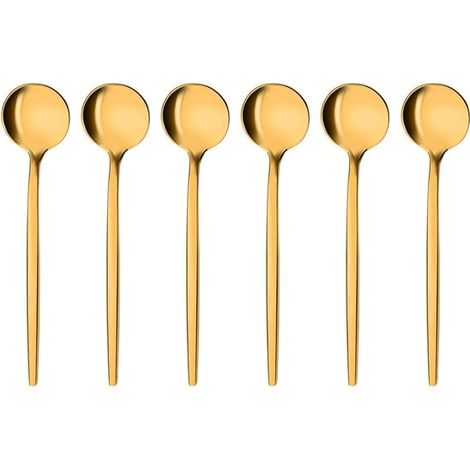 Juego de seis cucharillas de lujo para espresso en acero inoxidable con baño de oro, ideales para café y postres.