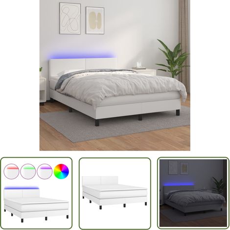 The Living Store Sommier à lattes de lit avec matelas et LED Blanc 140x190 cm - Sommier Tapissier - Lit Plateforme - Lit Avec Rangement - Tête De Lit Ajustable - Éclairage Led (1/5)