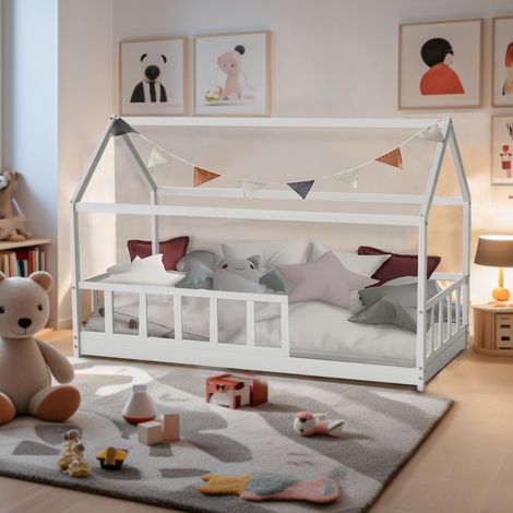 Le Quai Des Affaires – Lit cabane 90x200 cm – Structure en pin blanc – Barrière de sécurité 28 cm – Sommier à 13 lattes inclus – Pour enfants de 4 à 12 ans