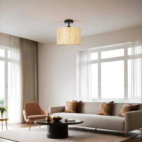 Lustre en métal avec capuchon en bambou, 30 cm de diamètre, 30 cm de hauteur Culot E27, max. 40 W Design en chêne et noir pour les espaces modernes (1/5)