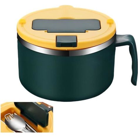 1 bol à ramen acier inoxydable, 1200 ml, vert foncé avec couvercle et accessoires pour nouilles instantanées (1/4)