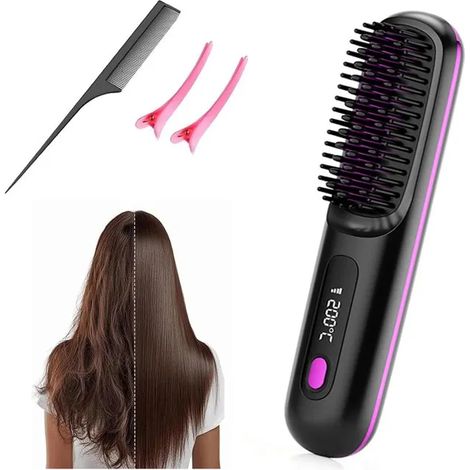 Brosse Lissante Sans Fil,Chauffage rapide,Rechargeable Portable,Écran LCD,avec Ionique,pour Coiffage Cheveux Voyage et Daily,noir (1/5)