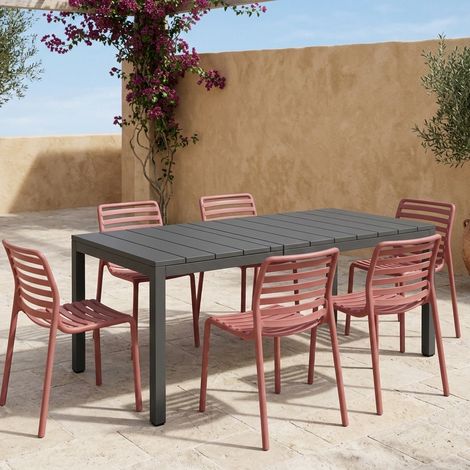 Set tavolo Rio Allungabile 140-210 cm con 6 sedie Doga Bistrot, per esterno e giardino -Bianco / Cappuccino (1/5)