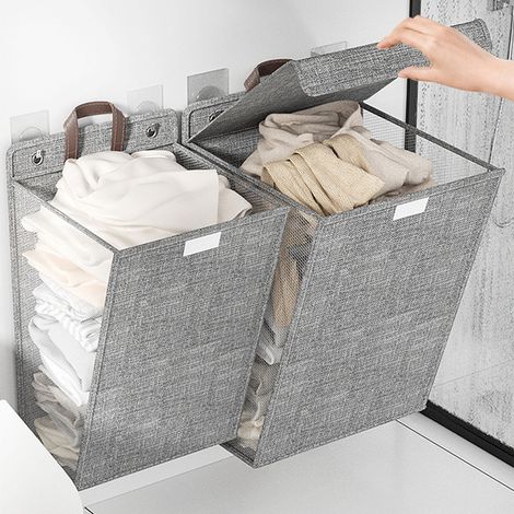 Wandhängender Wäschekorb, faltbar, platzsparend, für Schmutzwäsche, Schuhe, Socken, Handtücher, grau, große Ausführung (1/5)
