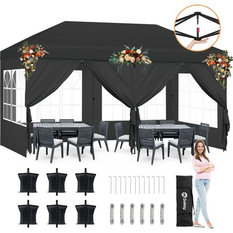 Sekey Faltpavillon 3 x 6 m Pop Up Pavillon Partyzelte Wasserdicht, UV-Schutz 50+ Festzelt mit 6 Seiten für Camping / Garten / Hochzeit, Schwarz (1/5)