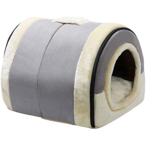 Panier pour chat/chien, niche pliable 2 en 1 douce et chaude pour animaux de compagnie, lit en velours cristal pour une utilisation intérieure et extérieure, gris clair (1/5)