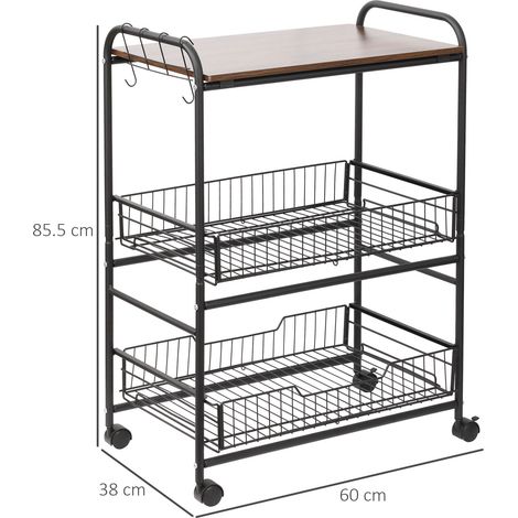 Chariot de cuisine de style industriel avec 4 roues, 2 paniers et 4 crochets, 60x38x85,5 cm, marron et noir. (1/5)
