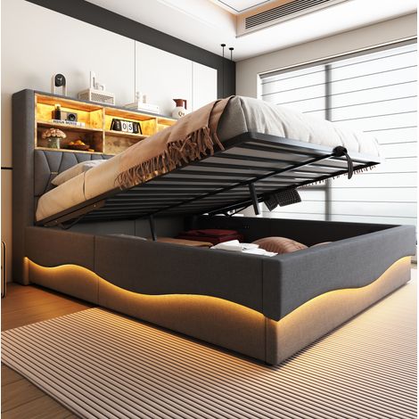 Letto contenitore 180x200 cm grigio in ferro, LED e USB, rete metallica (1/4)