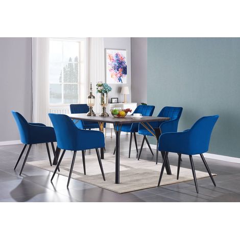 Cosmo LUX Camden Dining Set - a Walnut Wooden Dining Table and Set of 6 Blue Velvet Dining Chairs - Dining Room Kitchen (1/5)
