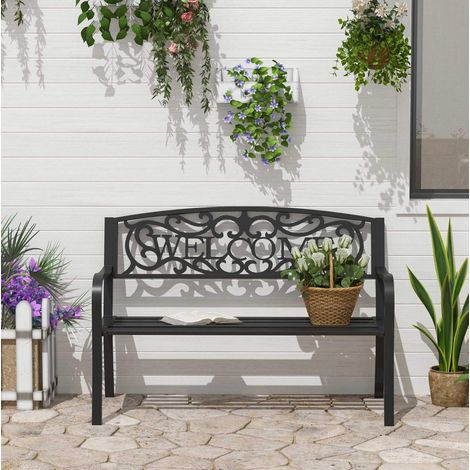 Banc de jardin 2 places en métal noir, dossier décoratif WELCOME, 127 x 60 x 87 cm HAVRYA (1/5)