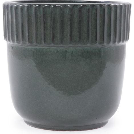 Pot de fleur en céramique artisanale Ø 30,5 cm, vert foncé brillant avec bordure rainurée, avec trous de drainage (1/5)