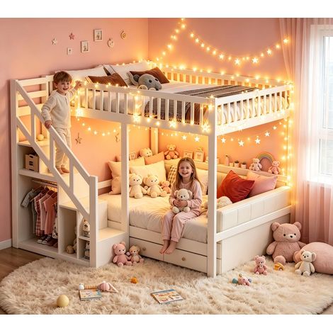 FOERPL-Lit Superposé Enfant 90x200 cm,Lit Mezzanine 2 Place avec Escalier de Rangement, Cadre de Lit Superposés 140x200 avec Sommier à Lattes et Barrière de Sécurité, Protection Anti-Chute