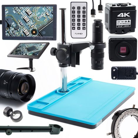 Microscopio digital solo 10A + Iluminación ajustable 60XLED + Pantalla de 10 pulgadas + Soporte de pantalla + Base de silicona + Cámara PRO 4K negra