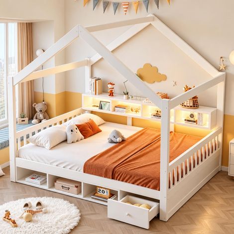 Lit cabane 140x200 cm, lit enfant et ado avec tiroir et étagères de rangement, avec LED et prises USB, en bois de pin avec sommier et barrière, Blanc (1/5)